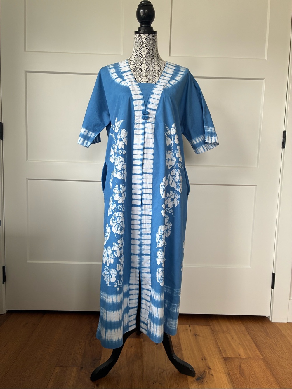 Vintage Blue & White Tie-Dye Floral Kaftan